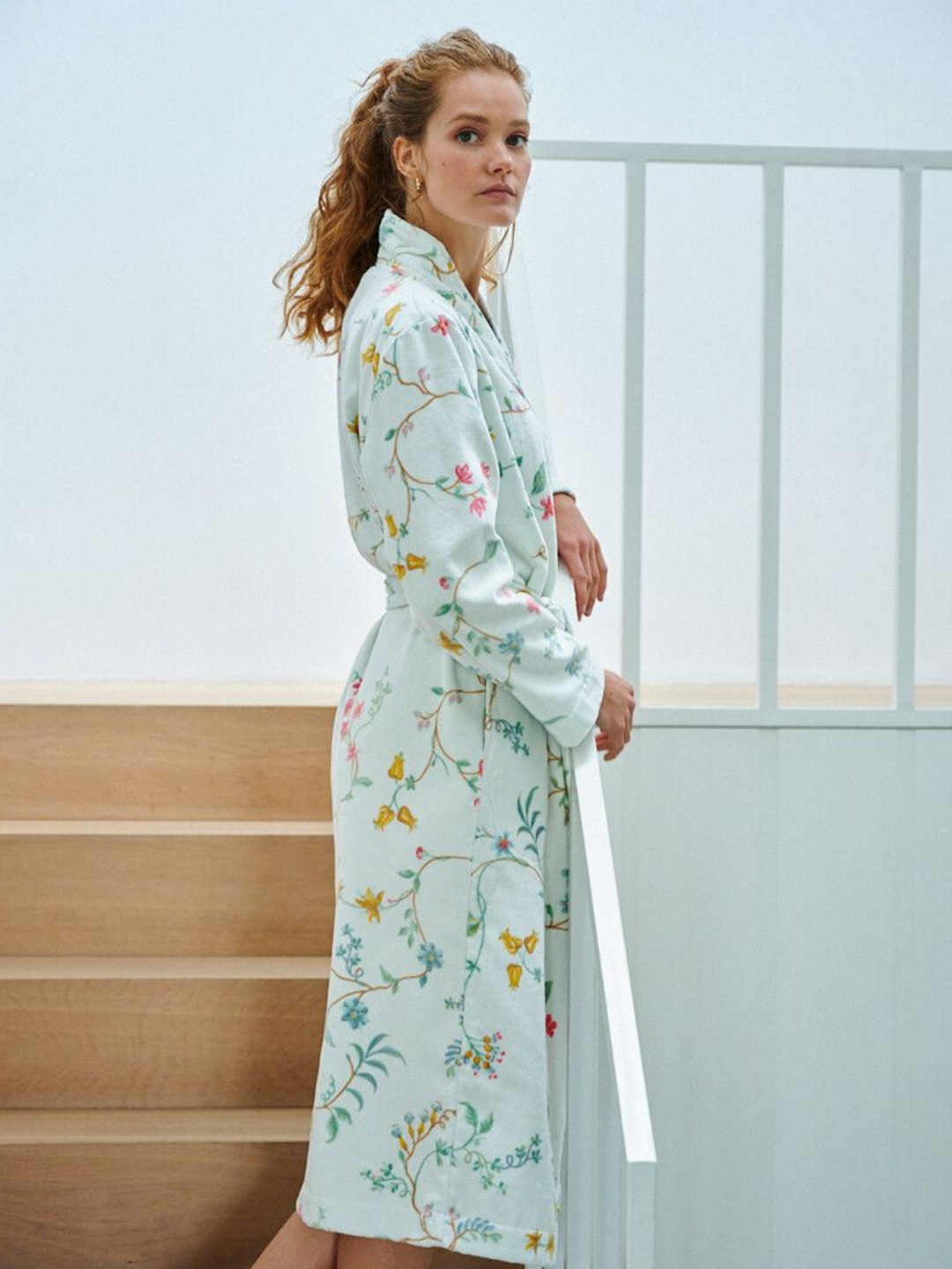 Accappatoio kimono fiori bianco e verde salvia