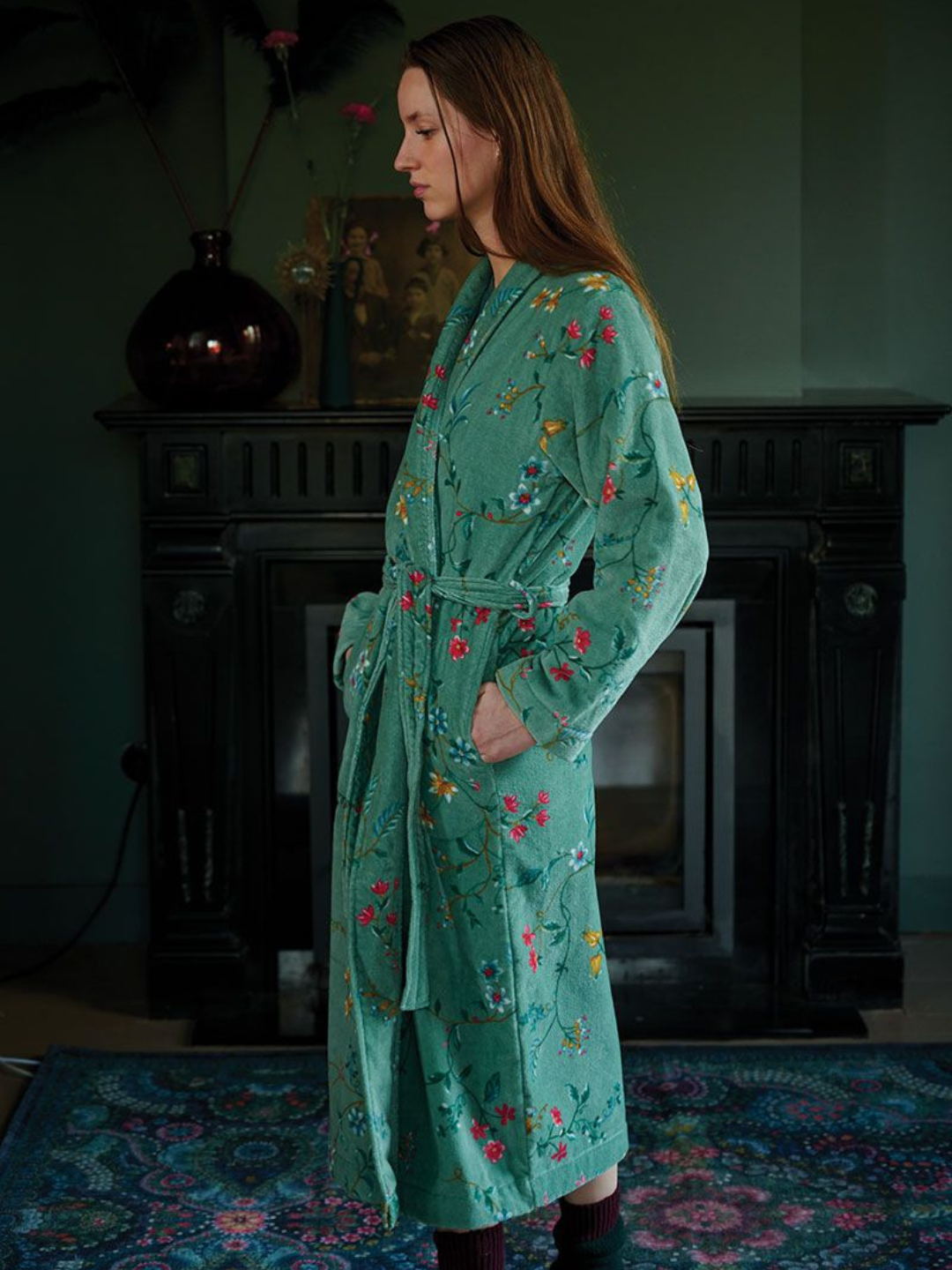 Accappatoio kimono fiori verde