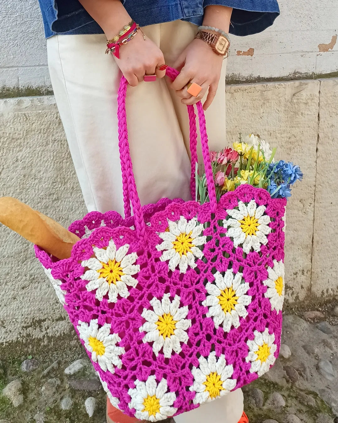 Borsa crochet Daisy Fuxia